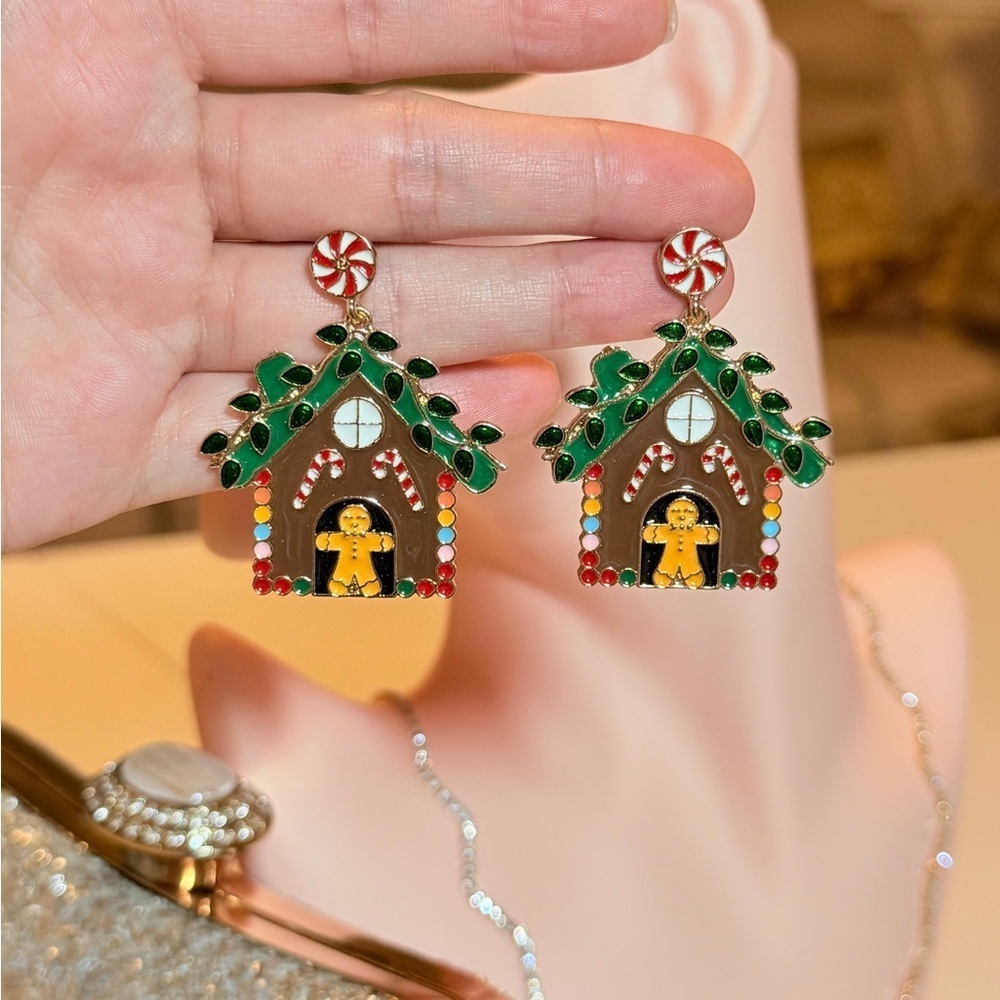 Gingerbread House Earrings - Green, Red, Brown. - Picture 3 of 9